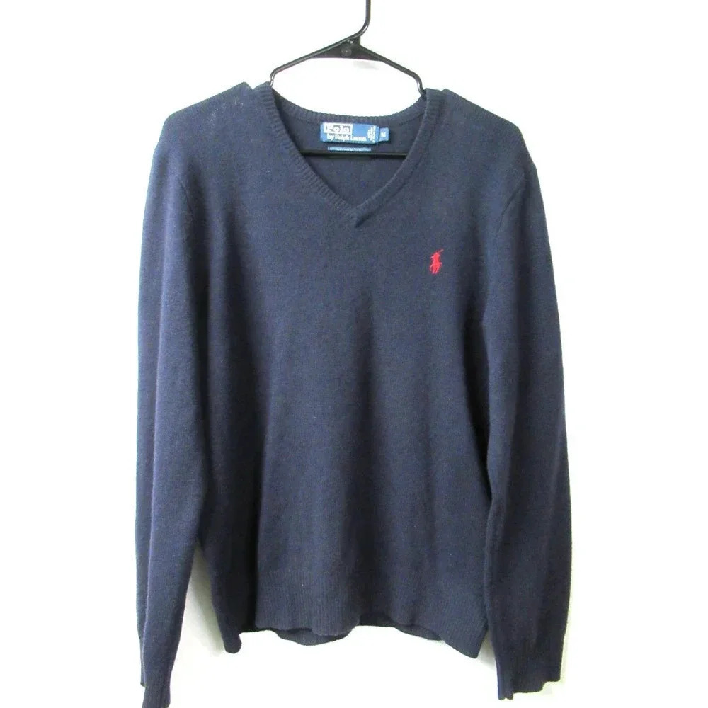 Polo By Ralph Lauren Mens Blue Lambs Wool Long Sleeve V-Neck Pullover Sweater M